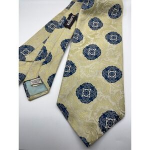 Vintage Mr. John Beau Brummell Floral Medallion Jacquard Tie Yellow Navy Wide